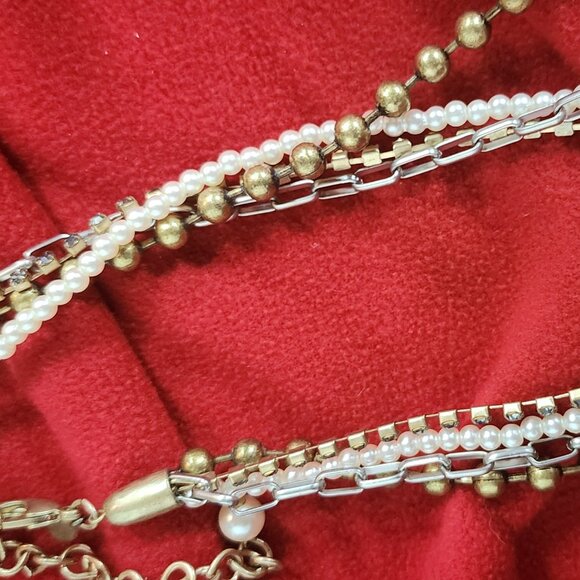 Chico's Silver Gold White Faux Pearl Crystal Ball Chain Box Link 36" Necklace - Picture 13 of 16